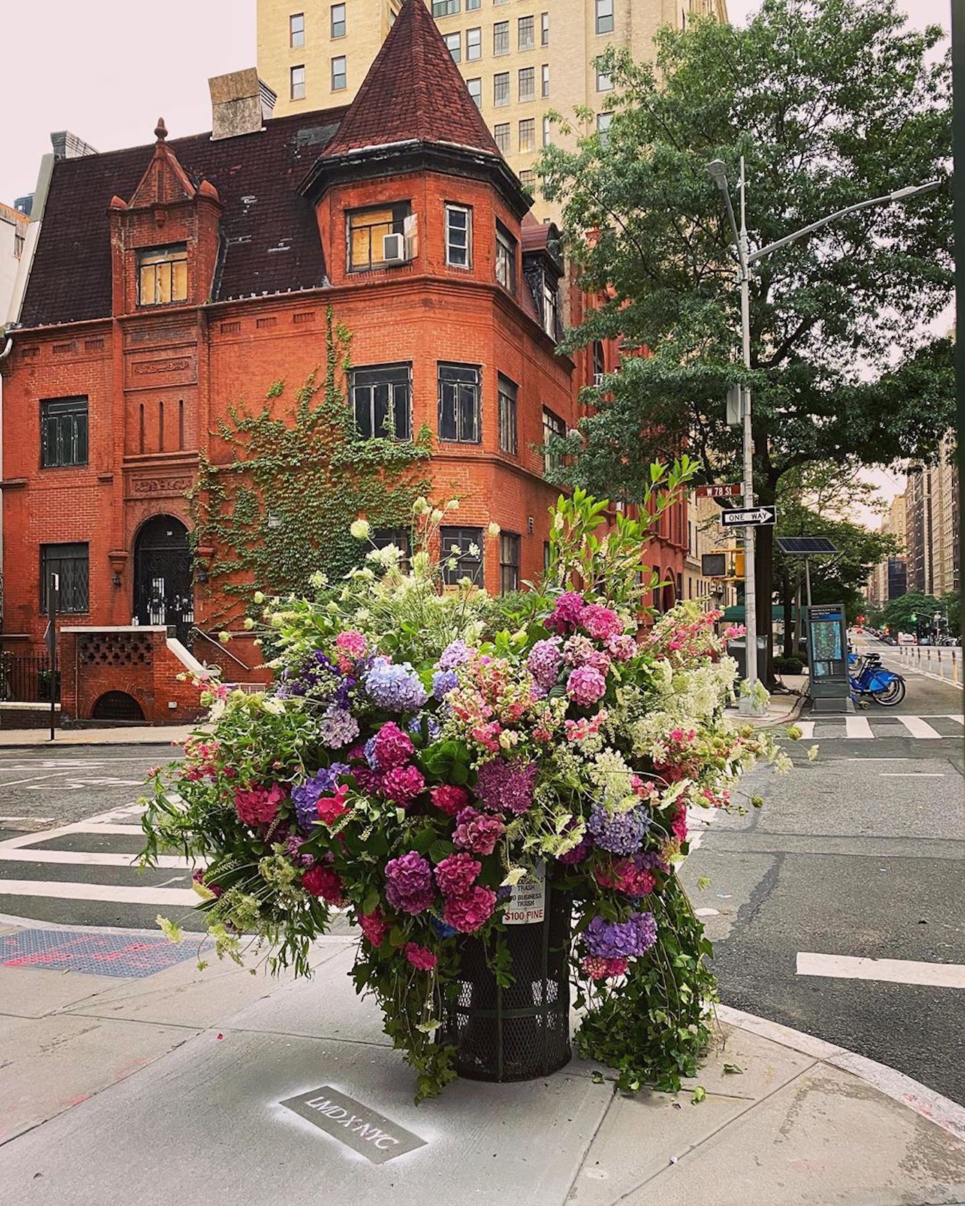 花艺师刘易斯·米勒将纽约的垃圾桶变成巨型花瓶